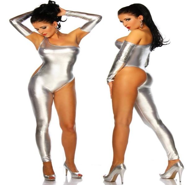 

whole 2016 night club imitation leather jumpsuit goldsliverblack one leg rompers women strapless sleeve separated jump1599410, Black;white