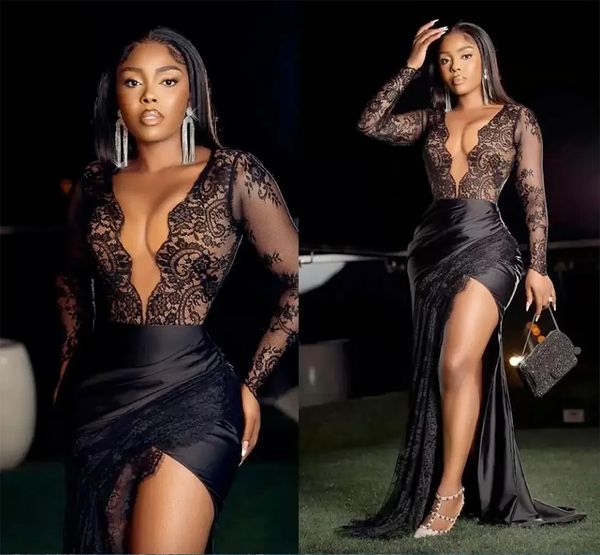 

black lace evening dresses deep v neck african long sleeves high slit women party prom dressing gowns mermaid plus size, Black;red