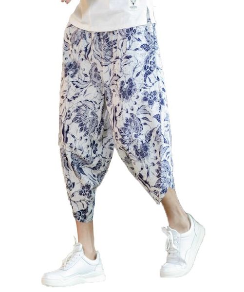 

2019 summer men print beach pants mens calf length linen harem pants men wide leg trousers male bloomers punk hip hop tracksuit5380358, Black