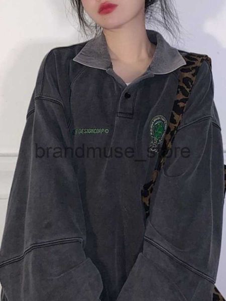 

womens hoodies sweatshirts deeptown vintage streetwear sweatshirts women harajuku kpop oversized hoodies grunge loose polo collar hoody pull, Black