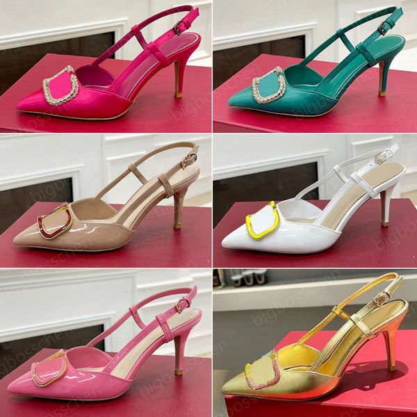 

luxury designer dress shoes slingback rhinestones hyaline women's high heel sandals leather metal v-buckle sandals party wedding evenin, Black