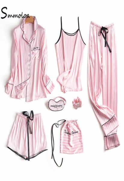 

smmoloa women silk satin striped pajamas set 7piece spring summer sleepwear pyjamas sets3279747, Black;red