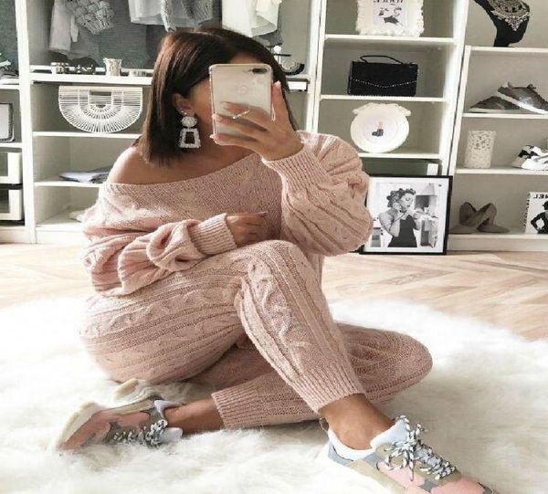 

winter women solid casual knitted sweater two piece set plus size long sleeved trousers 2 piece set womens outfits pullover7863655, Gray