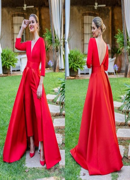 

2022 fashion v neck back evening prom dresses jumpsuits formal with pants detachable train 34 sleeves mother of the bride dress s3910395, Black;red