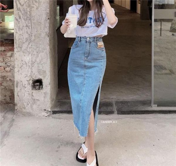 

skirts women long denim skirt2021 summer style retro highwaisted jeans skirt female straight side slit aline6163242, Black