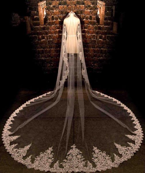 

ivory cathedral length lace wedding veils appliqued 3m long bridal veils with comb customized9624927, Black