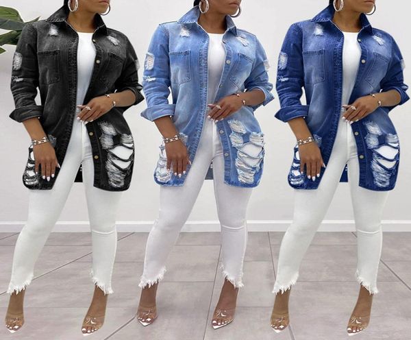 

woman jacket coat new fashion autumn denim jacket long jean coat holes showing thin outwear turndown collar full3830149, Black;brown