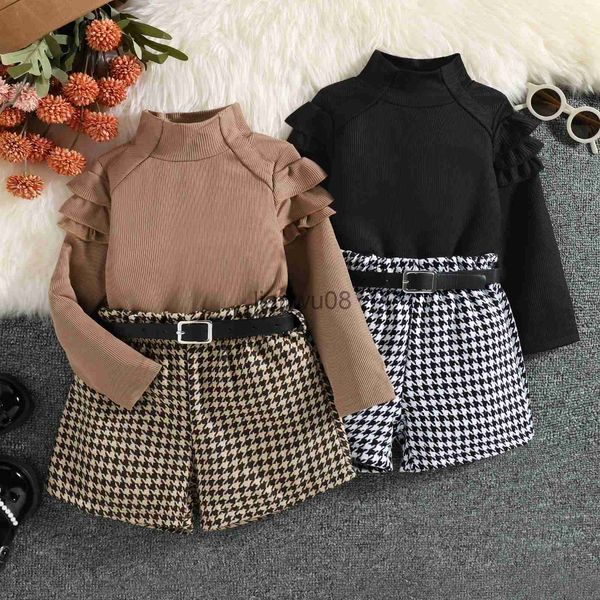 

clothing sets citgeett autumn kids girls clothes sets ruffles long sleeve knitted turtleneck pullover plaid shorts belt suit x0803, White