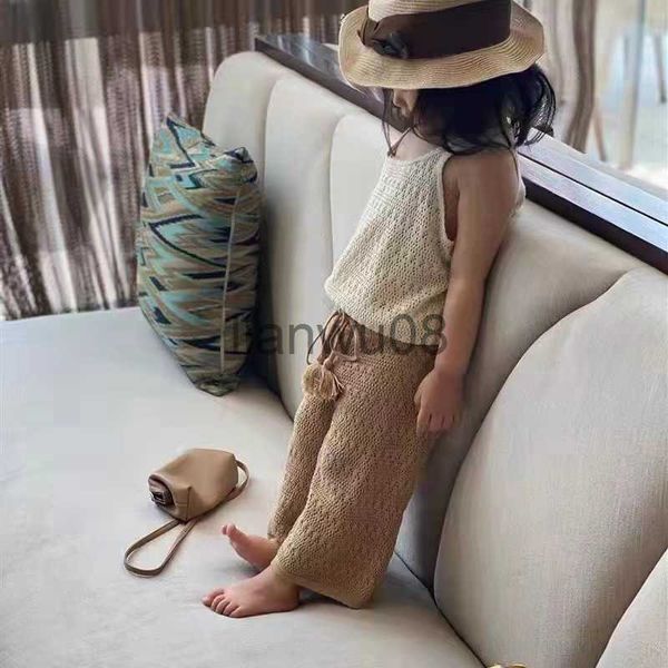 

clothing sets 6859 children clothes girl's knitted vest or pant 2023 summer new thin girls' hollow vest or wideleg pants x0803, White