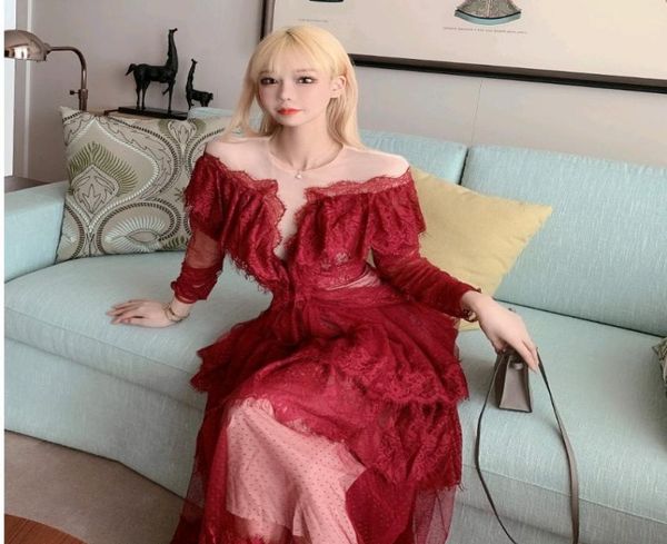 

costume2021 autumn new ladies mesh lightly mature lace lace longsleeved waisttight cake dress9586102, Black;gray