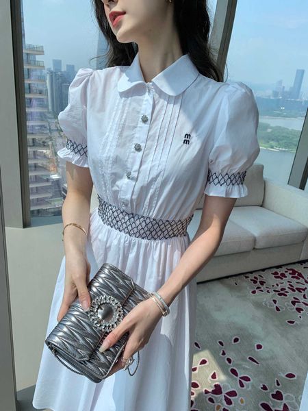 

little bunny's summer new 2023 elastic waistband rhinestone button lapel bubble short sleeve dress, Black;gray
