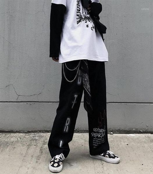 

qweek mall goth pants oversized grunge aesthetic gothic harajuku punk wide leg pants women streetwear graffiti women trousers19341245, Black;white