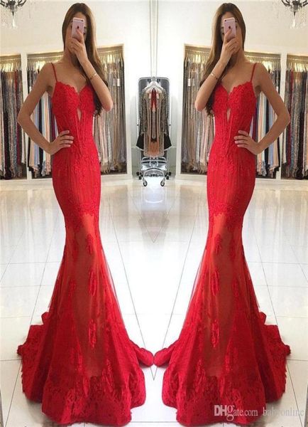 

new arrival sweetheart red lace evening dresses long mermaid spaghetti straps backless prom dress party gowns for holidays8008072, Black;red