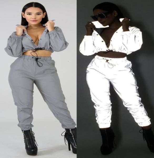 

night reflective solid women set casual long sleeve o neck crop with pants tracksuit night club party suit female set6011539, White