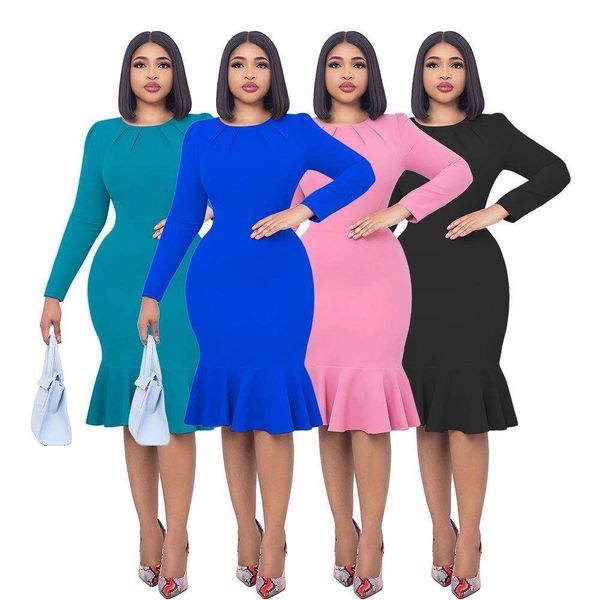 

womens autumn elegance long sleeved round collar fishtail dress source of the wholesale, Black;gray