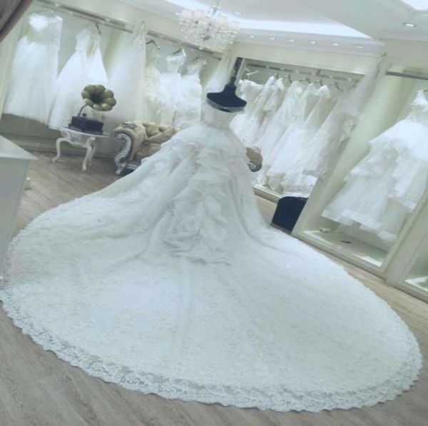 

new luxury chapel train lace wedding dresses off shoulder appliques ball gown ruffles elegant real images bridal gowns plus size c7181715, White