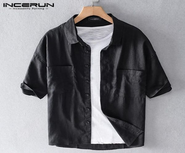 

incerun summer men short sleeve shirt 2020 solid color cotton lapel harajuku camisa chic streetwear casual shirts hombre s5xl3749417, White;black