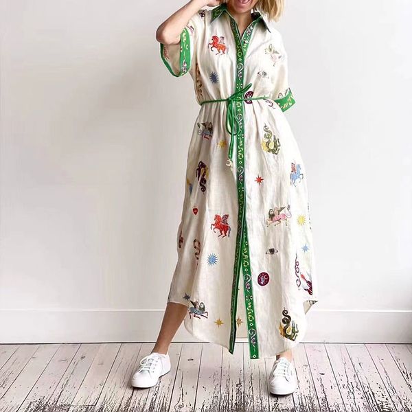 

australian niche al new linen explorer embroidered print short sleeved lace up waist up holiday dress 7, Black;gray