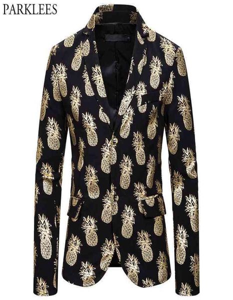 

mens party blazer jacket gold pineapple print blazers mens slim fit 2 button suit jacket male wedding prom stage costume homme 2108873919, White;black