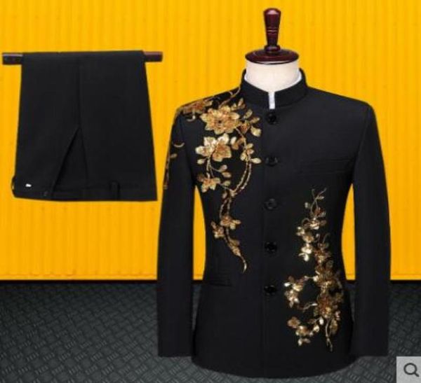 

stage chinese tunic suit men blazer set with pants mens wedding suits singer slim formal dress men039s groom suit stand collar9792962, White;black
