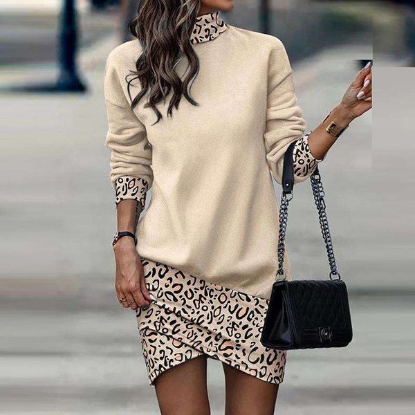 

autumn long sleeved high neck print dress for women, Black;gray