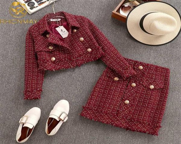

autumn winter women gold doublebreasted tweed short jacket coat bodycon skirt suit tassels 2pcs clothing set red plaid 2111044969532, White