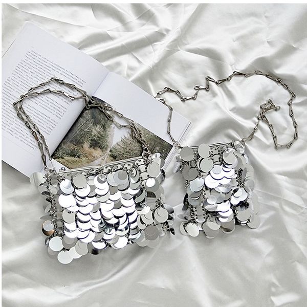 

evening bags luxury women designer silver metal sequins chain woven bag clutch female travel holiday shoulder handbag 230803