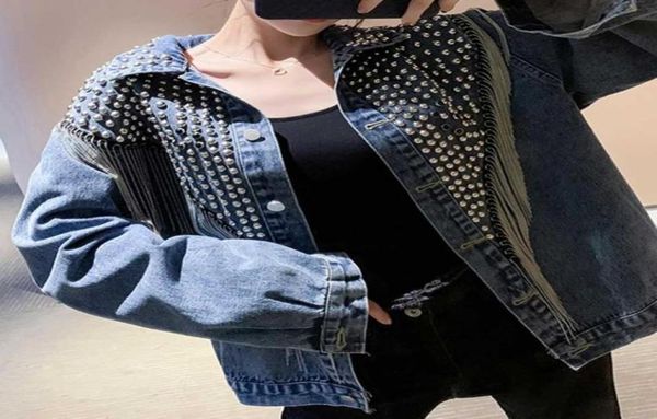 

women039s jackets women tassel rivet spring autumn denim jacket dark casual black outwear streetwear punk fashion jeans coat 202914513, Black;brown