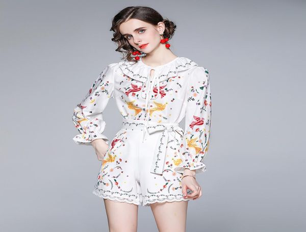 

boutique womens floral two piece set shirtpants long sleeve ruffle summer autumn blouse pants highend lady suits6853566, White