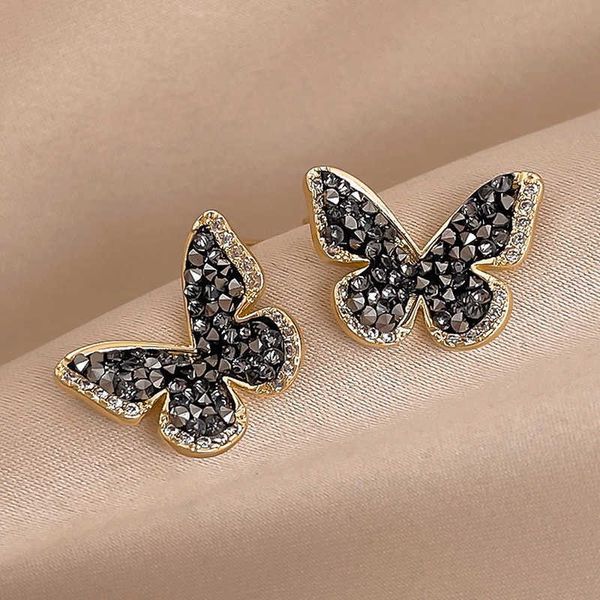 

charm fashion rhinestone black butterfly earrings female vintage dark temperament crystal summer earrings wedding jewelry r230804, Golden