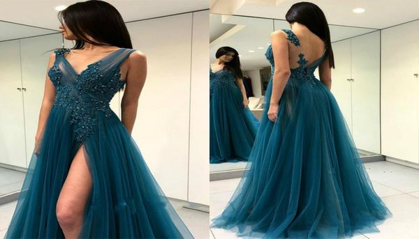 

side split prom dresses v neck lace appliques beaded sweep train backless sweep train evening dress formal occasion gowns4554125, Black