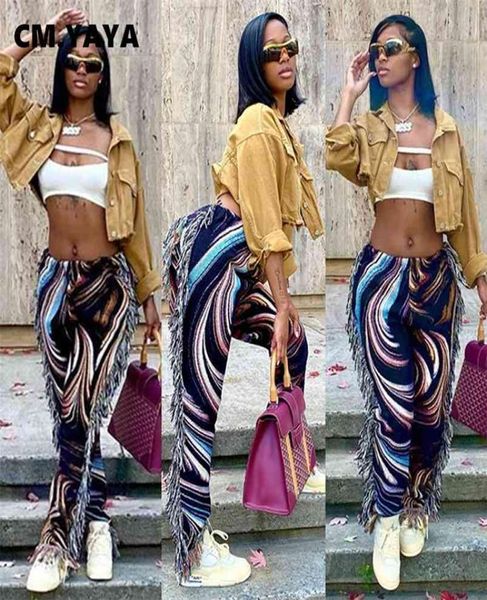 

cmyaya autumn spring women pants high waist activewear pencil trousers sporty print tassel jogger sweatpants 2108305785846, Black;white