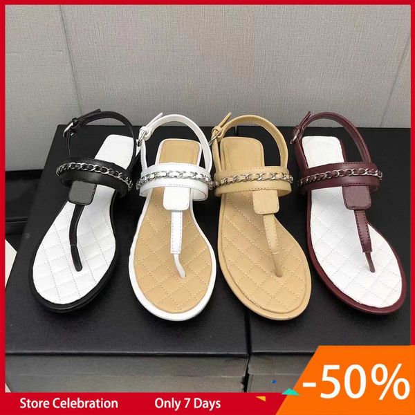 

high version small fragrant wind chain clip toe with genuine leather one line buckle and back empty fashion sandals for women, Black