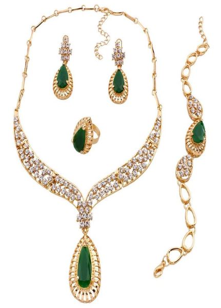 

green gemstone wedding jewelry sets diamond crystal necklace bracelet earring ring 18k gold plated4001465, Slivery;golden