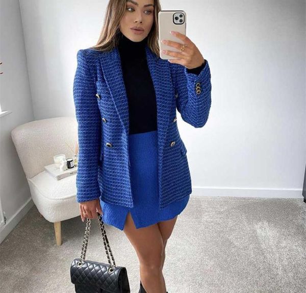 

women039s suits blazers woman elegant navy blue slim tweed blazer 2022 autumn female french solid textured ladies chic double6383609, White;black
