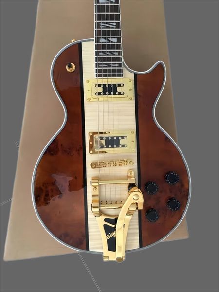 

jazz electric guitar with gold vibrato, spalted+flame maple rosewood fingerboard guitarra