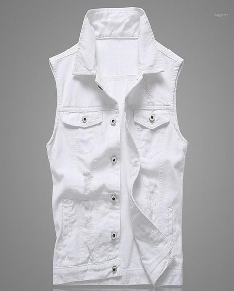 

hole denim waistcoat men white jeans vest solid rock vests for men fashions summer sleeveless jacket 5xl punk biker ripped15824773, Black;white