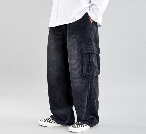 

corduroy trousers mens old school multipocket cargo pants men casual thick baggy straight elasticatedwaist wideleg black pant126348864