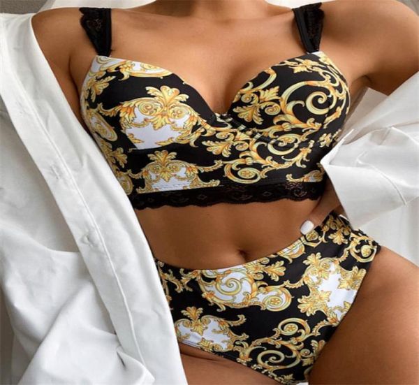 

women vintage retro bikini set split swimsuit lace strap push up swimwear high waist printed bathing suits summer beach wear swimm7588128, White;black