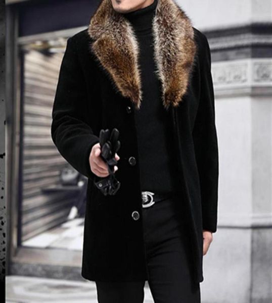 

men039s wool blends men long woolen coat fur collar warm male plain slim casual winter windbreaker jacket autumn fashion 4301244, Black