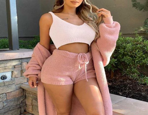 

pajamas set women fashion winter soft warm plush casual sportswear long sleeve crop shirt shorts suit 3pcs vestcoatpants7915335, White