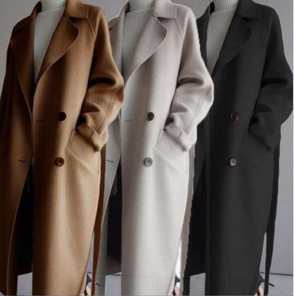 

women's trench coats winter new women solid color two-sided woollen overcoat loose double-breasted long coat, Tan;black