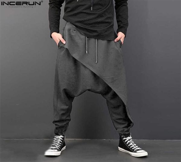 

incerun vintage men loose drop crotch drape pants dance baggy trousers men drawstring harem pants men pantalon hombre plus size 209332649, Black