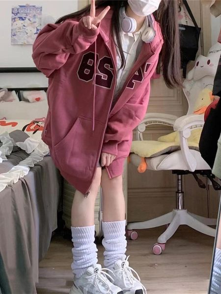 

women's hoodies sweatshirts deeptown harajuku zip up hoodies women vintage kpop letter embroidery pink oversized loose casual y2k aest, Black