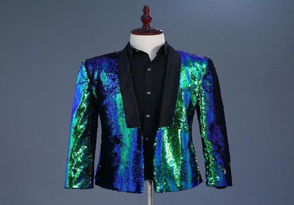 

tide mens doubleturning two colors sequins blazer dj singer night club blue green purple gold silver suit jacket outfit men0398774794, White;black