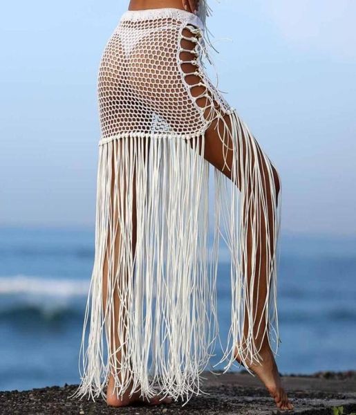 

new crochet cover up beach women skirt bikini cover ups knitted fish net long tassel bathing suit women swimsuit beachwear skirt4172205, White;black