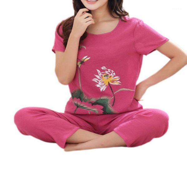 

womens summer plus size pajamas set chinese floral print short sleeve capri pants loose sleepwear loungewear xl4xl13122691, Black;red