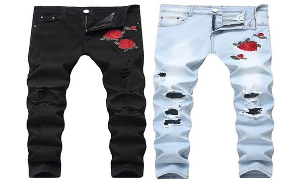 

8 colors mens ripped jeans 2019 new fashion embroidery rose men jeans light blue slim fit stretch denim pencil pants 426642664