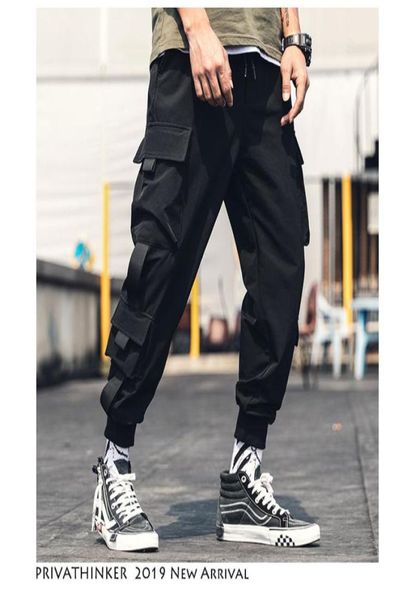 

men belt ankel length joggers pants 2019 overalls men japanese streetwear baggy sweatpants pockets black sweatpants3125352