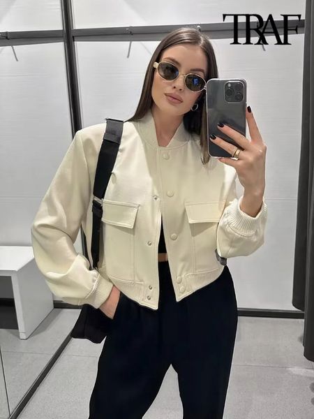 

women's jackets traf women fashion with pockets bomber jacket coats vintage long sleeve front button casual female outerwear chic 2308, Black;brown